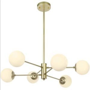 BRAND NEW! Gold 6 Light Sputnik Chandelier with LED Bulbs and White Glass Globes